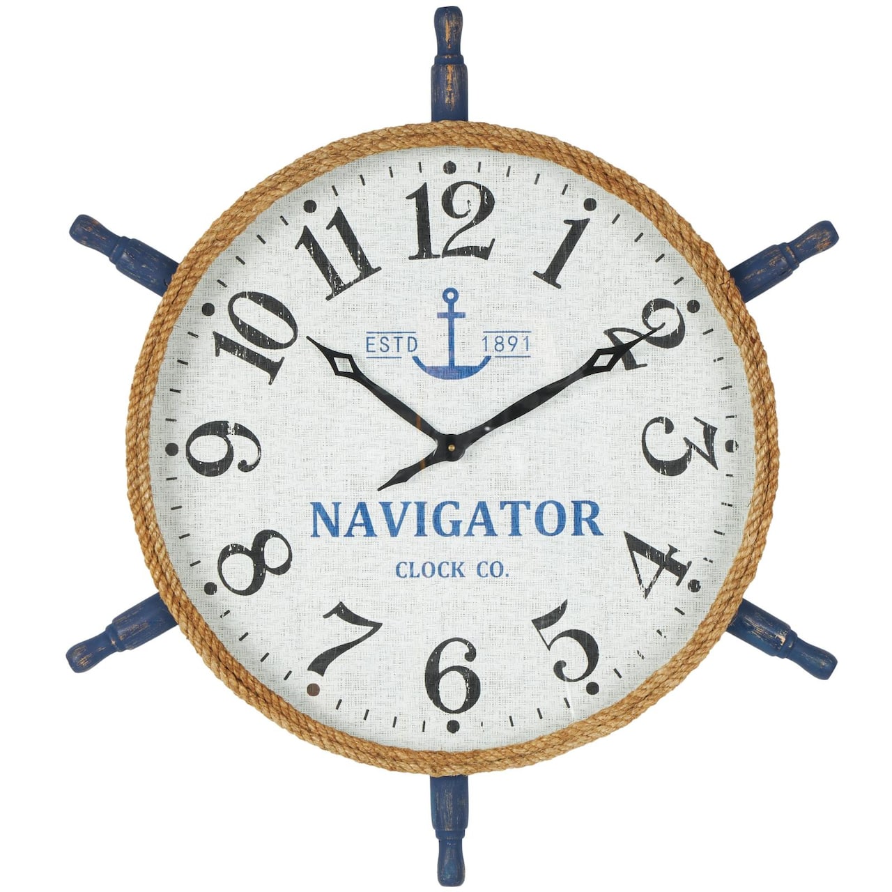 33" White & Blue Wood & Rope Ship Wheel Decorative Wall Clock